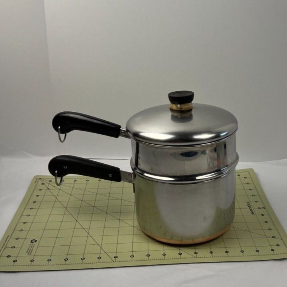 VTG Revere Ware 1801 3 QT Sauce Pan w Steamer Pan, Lid Pre-68 Double Ring Stamp